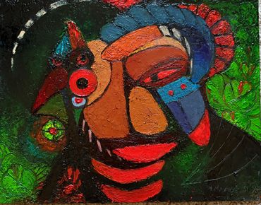 
This work fuses human and bird into a totemic deity. The mask-like face, vivid red and blue contras