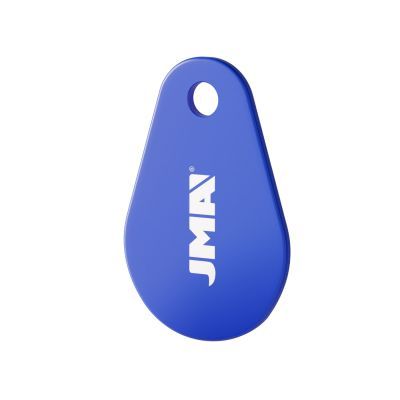 Blue key tag with JMA logo and a hole for attachment.