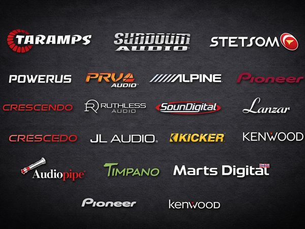 Logos of various car audio and electronics brands on a dark textured background.