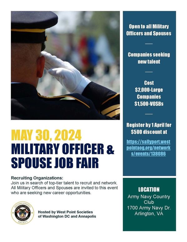 Military Officer &amp; Spouse Job Fair on May 30, 2024, hosted by West Point Societies.