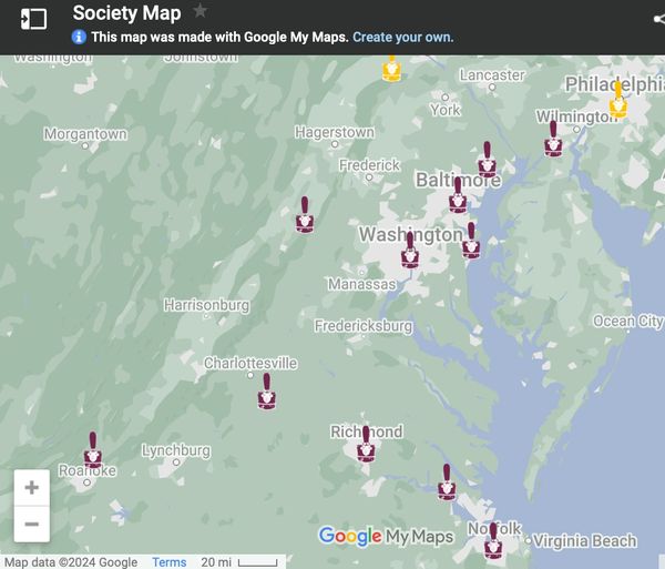 Map showing society-related markers across Virginia and nearby areas.