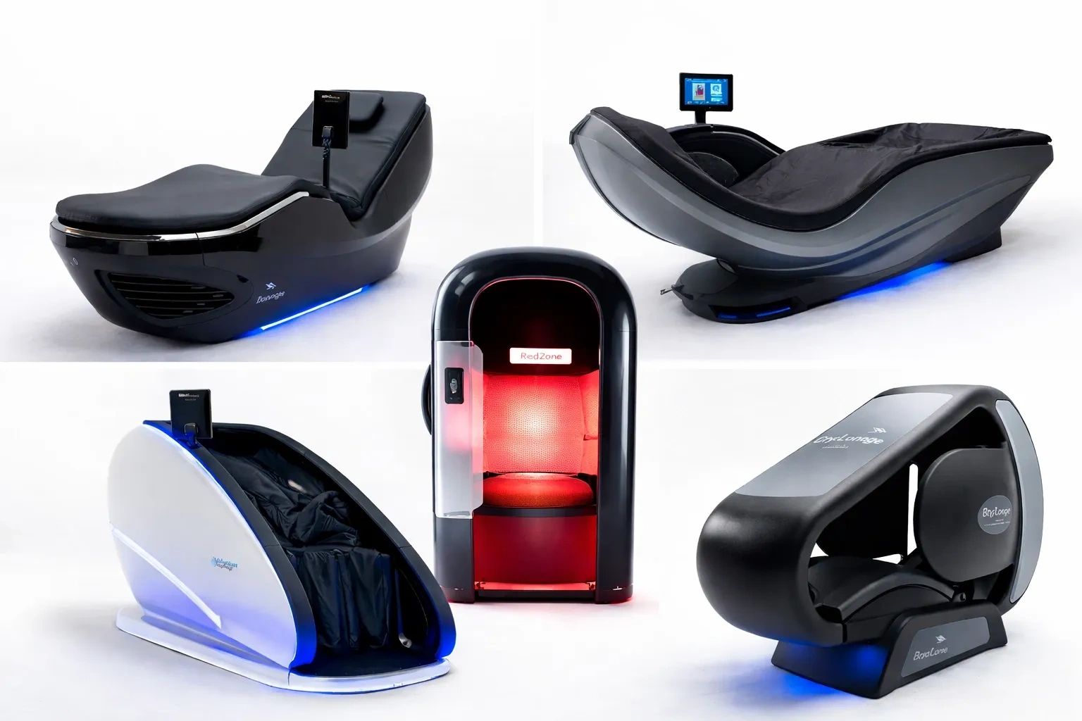 Five futuristic relaxation pods with sleek designs and digital controls.
