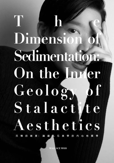 Black and white portrait with bold text about sedimentation and stalactite aesthetics.