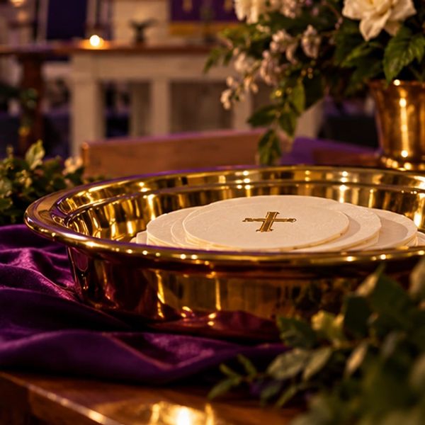 Communion wafers on a golden plate.