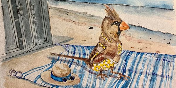 She wears an itsy, bitsy, teeny, weenie, yellow polkadot bikini. 12 x 16 watercolor 2025.