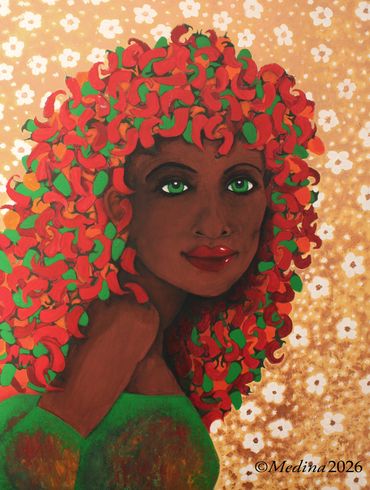 Portrait of a woman with vibrant red and green curly hair against a floral background.