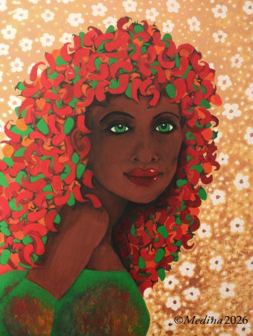 Portrait of a woman with vibrant red and green curly hair against a floral background.