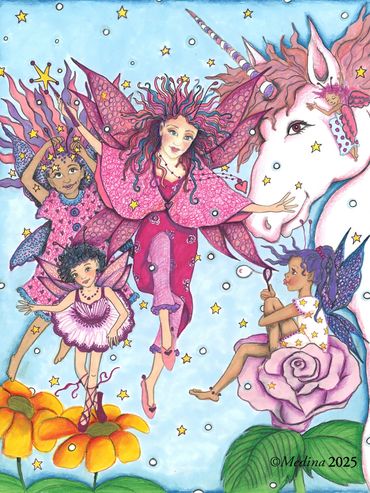 Colorful fairies and a unicorn in a magical garden scene.