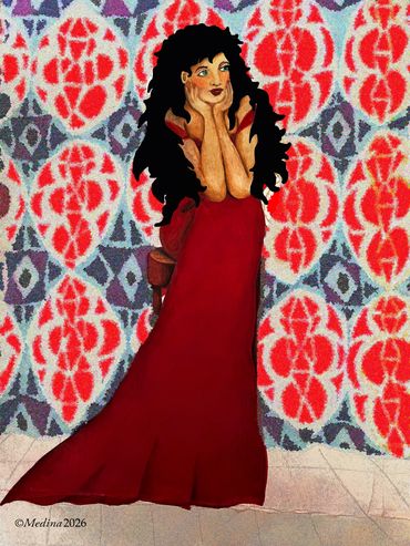 Woman in a red dress posing against a vibrant, patterned background.