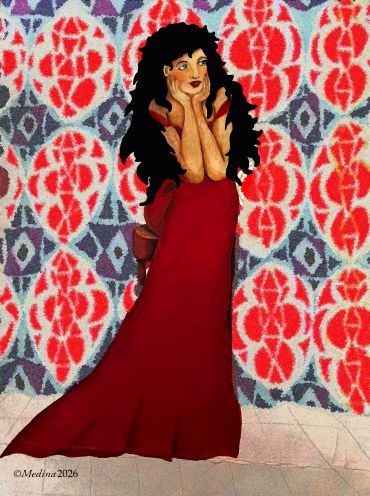Woman in a red dress posing against a vibrant, patterned background.