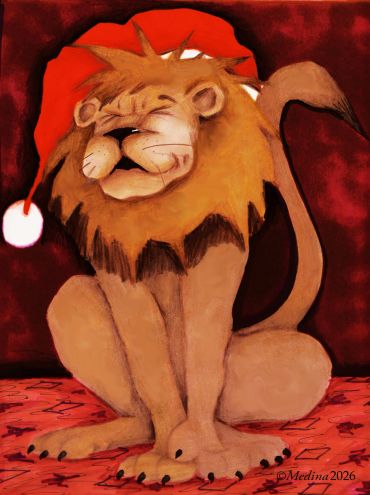 A cheerful lion wearing a red Santa hat, sitting contentedly.