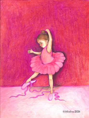 A young ballerina in a pink tutu dancing gracefully against a pink and red background.