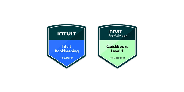 Two Intuit badges for Bookkeeping and QuickBooks Level 1 certifications.