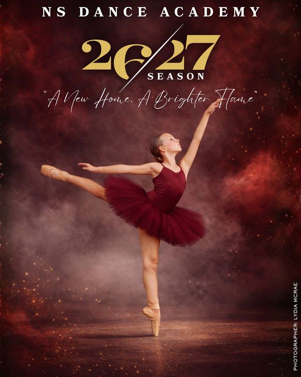 Young ballerina gracefully dancing in a maroon tutu for NS Dance Academy's 26/27 season.