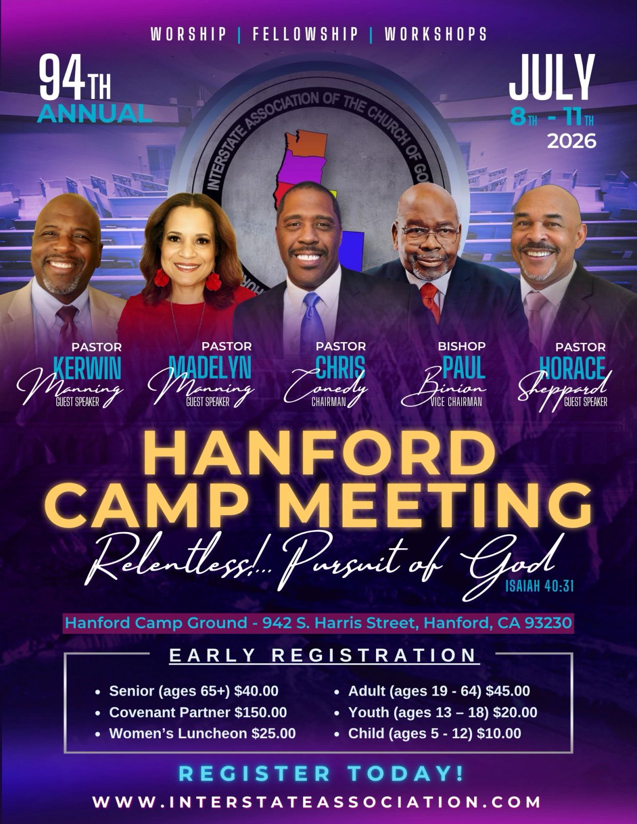 Flyer for 94th Annual Hanford Camp Meeting, July 8-11, 2026.