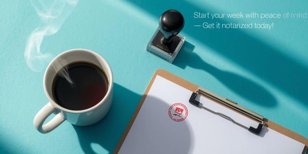 Steaming coffee, a stamped clipboard, and a notary stamp on a blue surface.