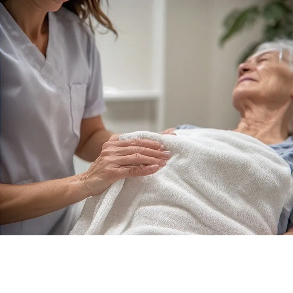 Caregiver cleaning the face of the patient