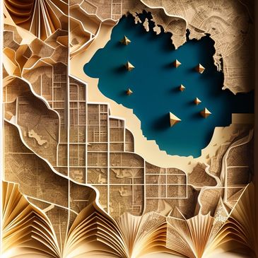 Intricate 3D paper map with blue water and geometric shapes.