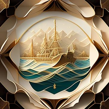 Intricate paper art depicting a sailing ship on stylized ocean waves, framed by layered floral-like patterns.
