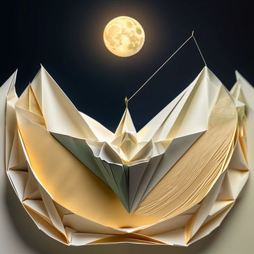 Intricate paper origami boat illuminated by a glowing full moon against a dark sky.