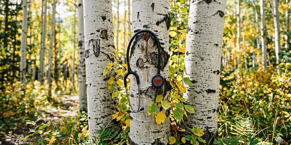 Stethoscope with heart symbol hangs on a white birch tree.