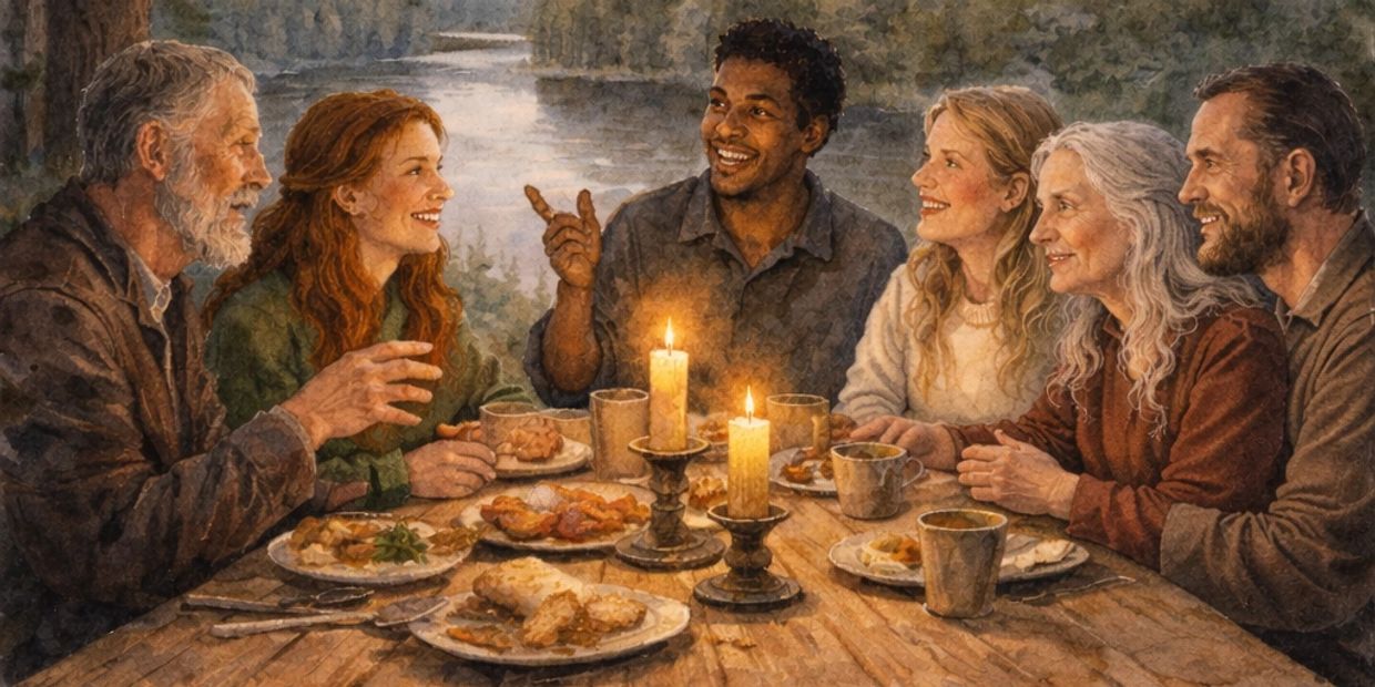 A warm, joyful dinner gathering with six people around a candlelit table.