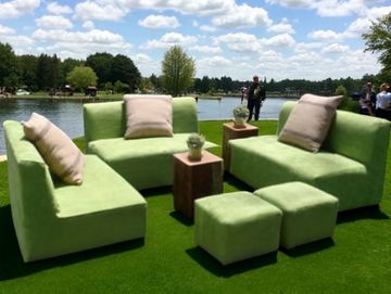 Lake Side Lounge with lime green couches and ottomans
