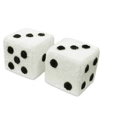 Two plush dice with black dots on a white background.