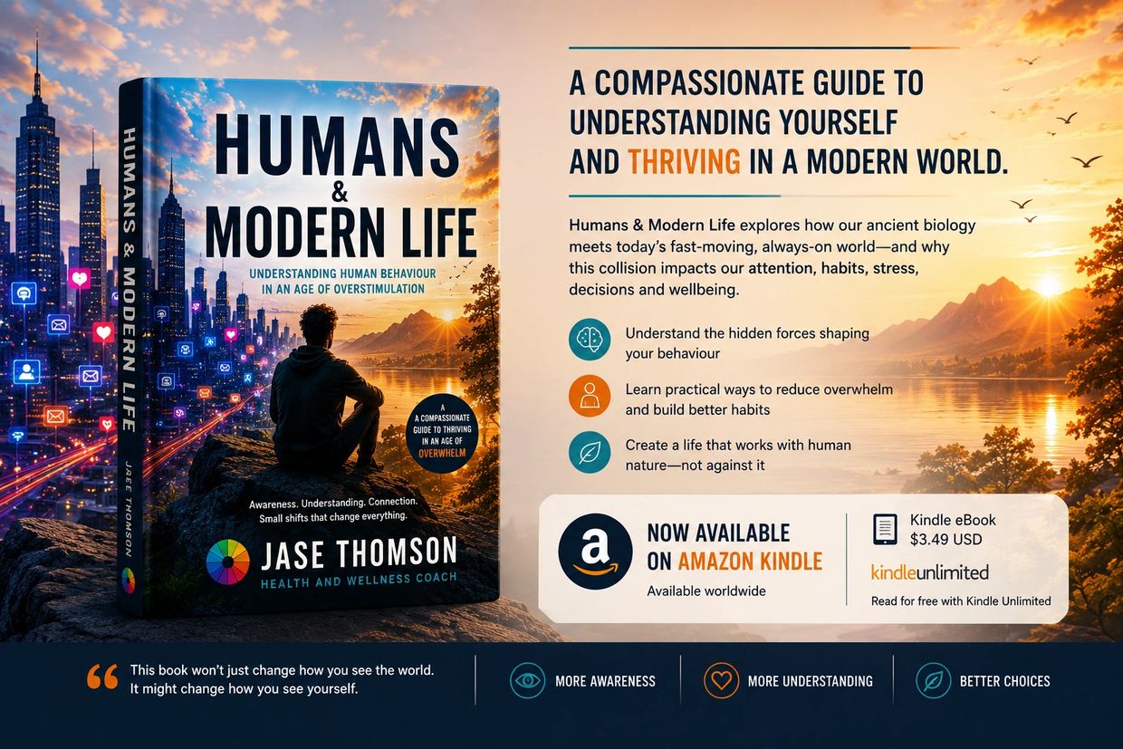 Book cover and ad for "Humans &amp; Modern Life" by Jase Thomson, exploring human behavior in a fast-paced world.