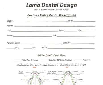 Dental prescription form for canine and feline teeth design by Lamb Dental Design.