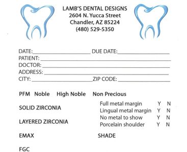 Dental form for Lamb's Dental Designs with patient and treatment details.