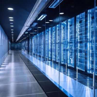 Modern data center corridor with illuminated server racks behind glass walls.