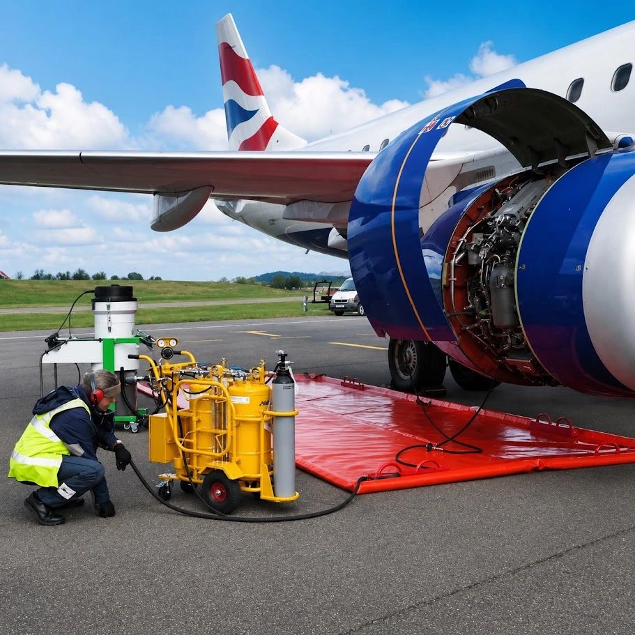 Aircraft engine maintenance being performed over a portable LATIMAT wash water containment system.