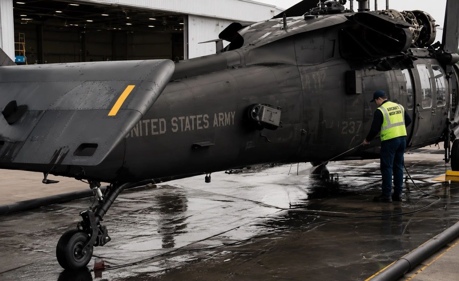 U.S. military helicopter being washed on a LATIMAT containment system.
