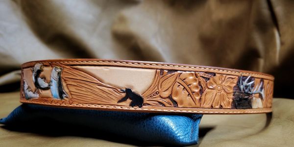 Leather Custom Tooled Feather Belt