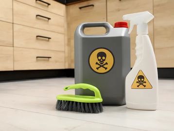 Cleaning products with poison warning labels placed on a kitchen floor.
