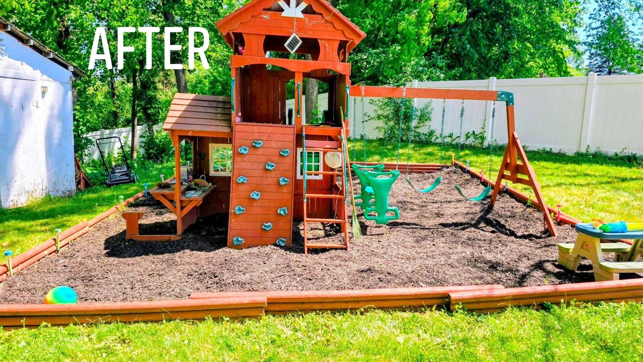 Completed wooden playset repair project, with original After label visible.