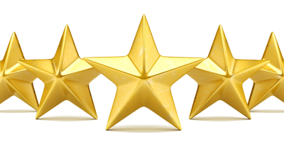 Five shiny golden stars in a row representing high quality.