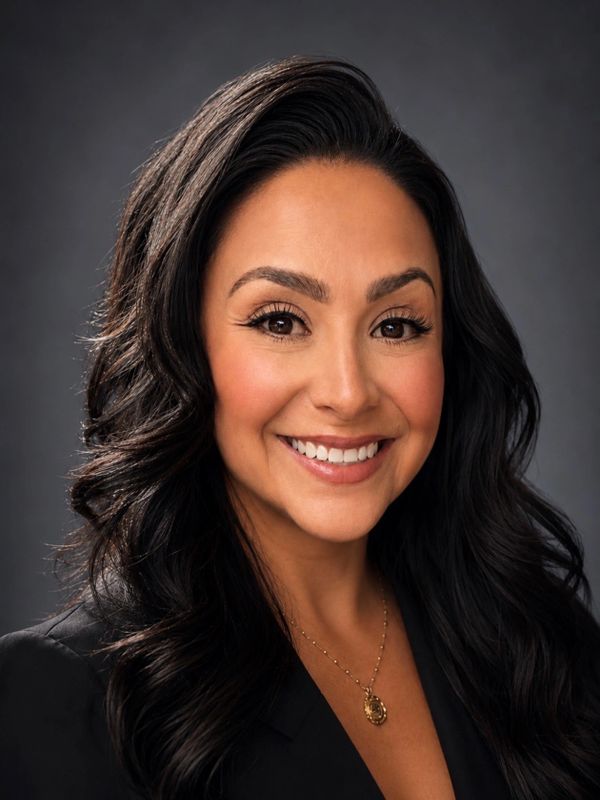 Professional woman with dark hair smiling against a dark background.