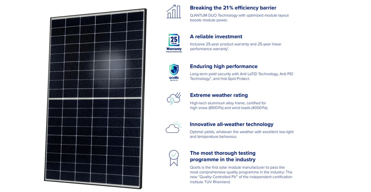 Take a look at solar module datasheets when assessing warranty and quality information (Image: Hanwha Q Cells)