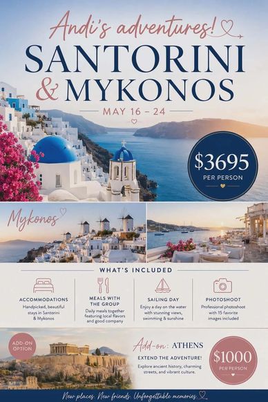 Travel poster for Santorini and Mykonos adventure package with prices and inclusions.
