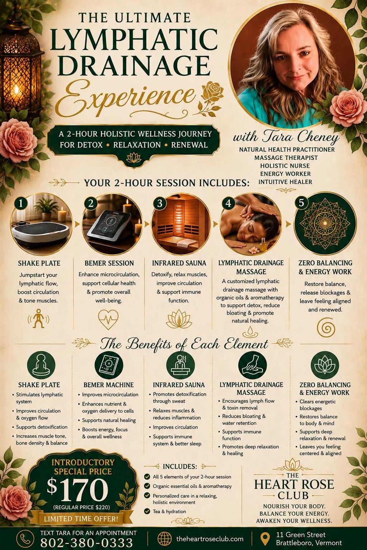 Advertisement for a 2-hour lymphatic drainage wellness session with Tara Cheney.