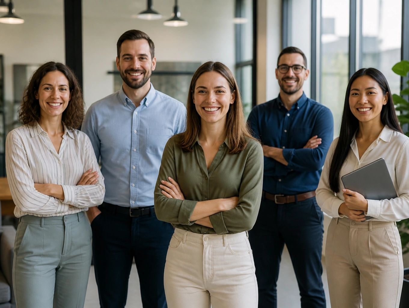 A group of five diverse professionals smiling confidently in an office.