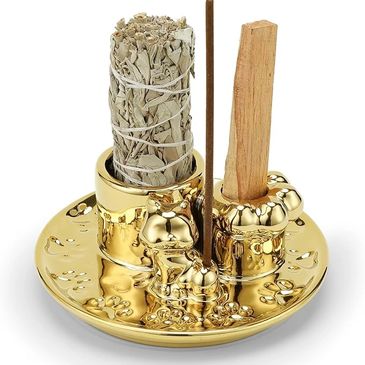 Handmade golden cat palo santo and incense holder with ash catcher and sage holder.