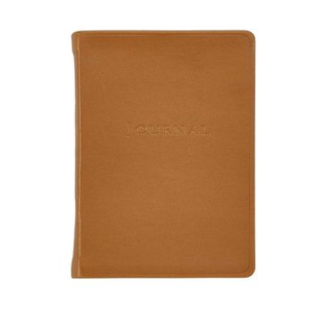 Pocket-size luxury calfskin leather travel journal with lined pages and satin ribbon marker.