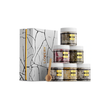 Bath salts gift basket set with multiple essential-oil infused Epsom salt blends.