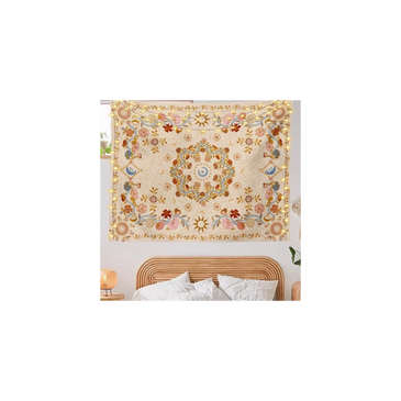 Cream boho tapestry with sun, moon, stars, and floral vine celestial design.