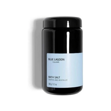 Blue Lagoon mineral bath salt jar, bioactive skin-soothing soak.