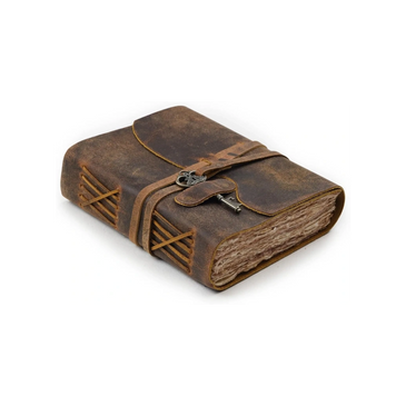 Cappuccino brown Leather Village vintage journal with key closure and deckle pages.