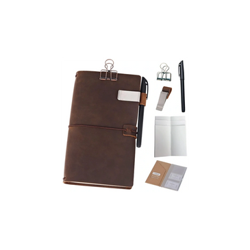 newestor brown refillable leather traveler’s notebook with 5 inserts and pen holder.